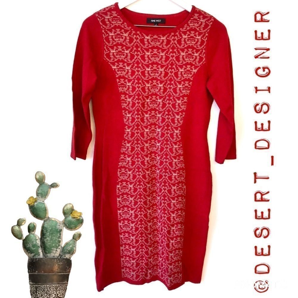 Nine West Red Tan Abstract Sweater Dress size Small
